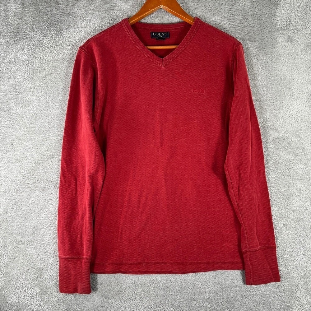 Guess Shirt Mens Large Red Waffle Knit V-Neck Y2K Cotton Pullover Long Sleeve